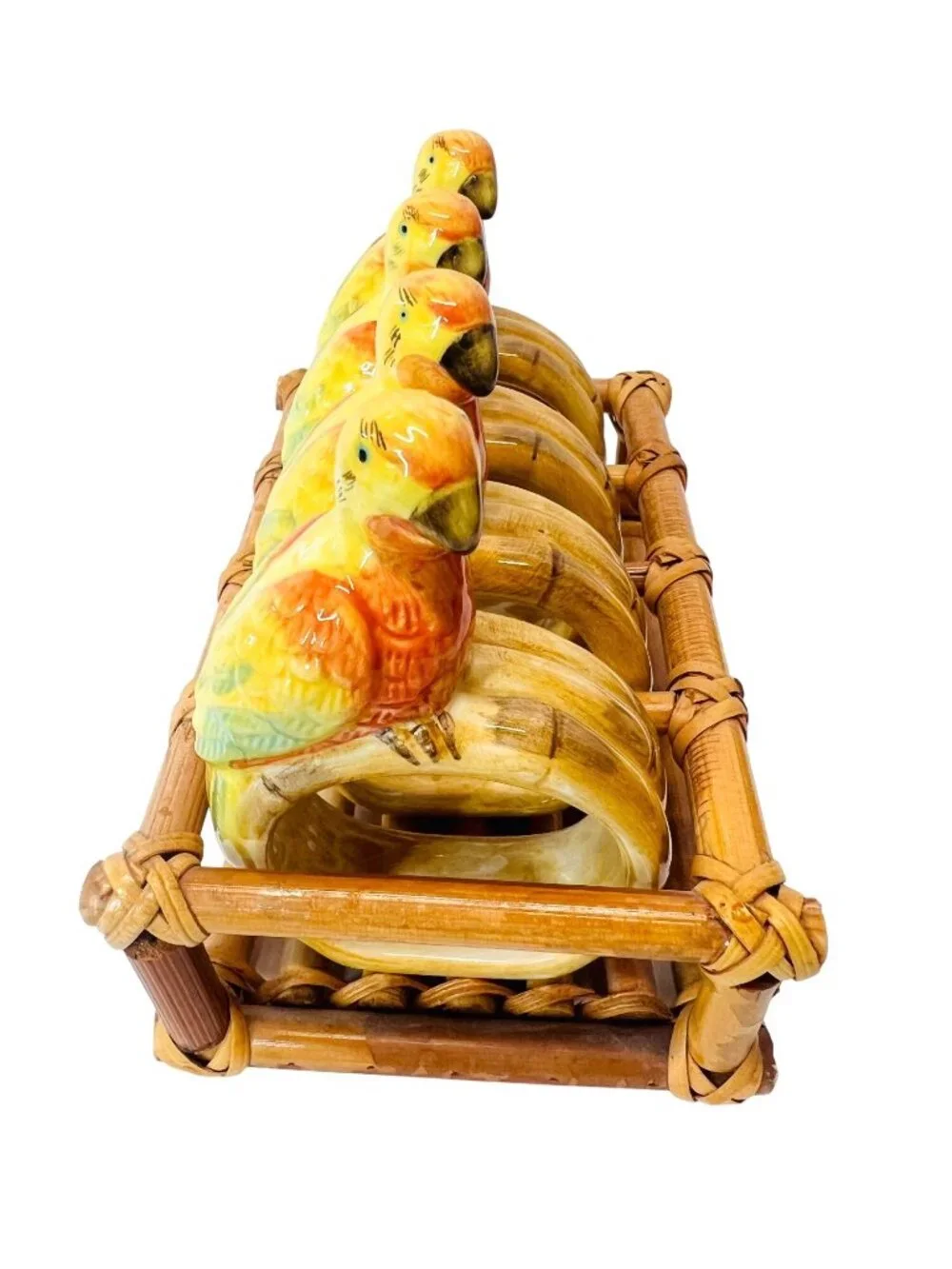 Retro 1980s Ceramic Parrot Napkin Rings & Bamboo Caddy Set MCM Tropical Decor